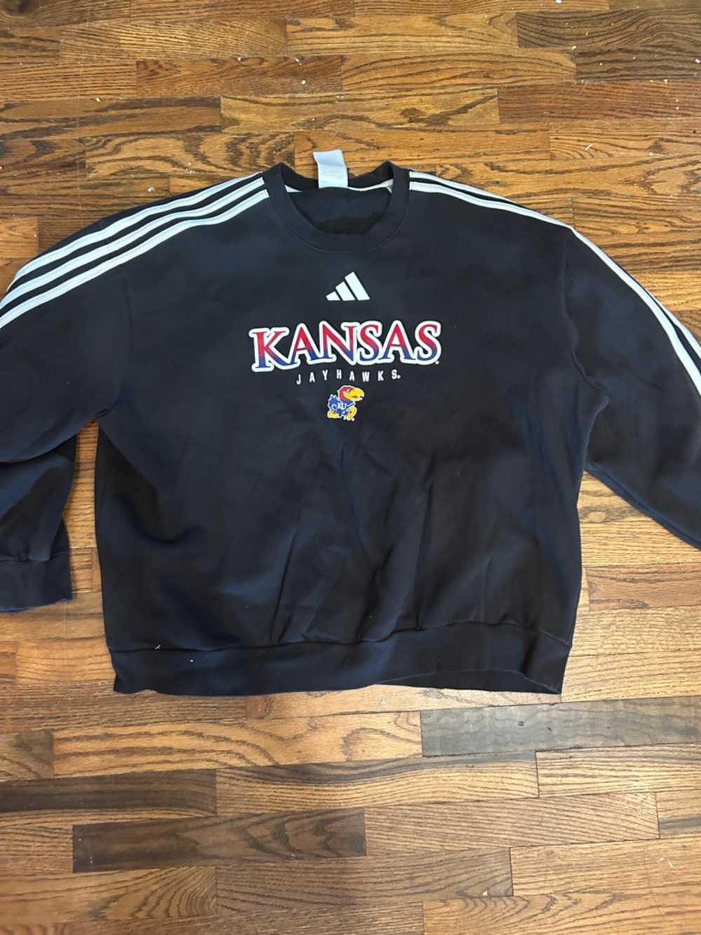 adidas Black Kansas Jayhawks Crewneck with White Stripes and Multicolor Logo